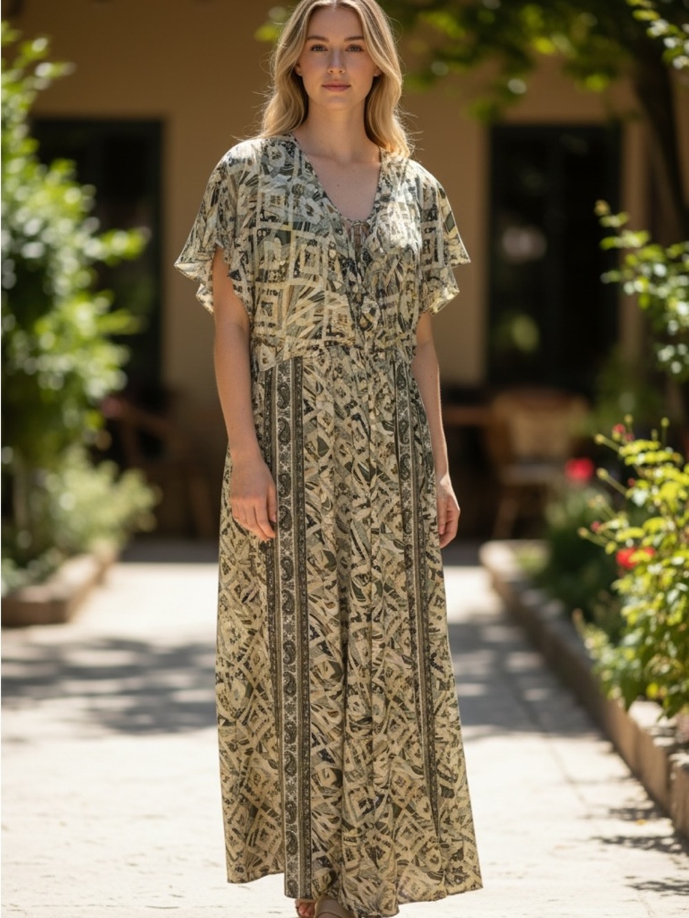 Wide Leg Jumpsuit Cut out Back Wrap V Neck Pockets Tie Waist Boho Print L XL